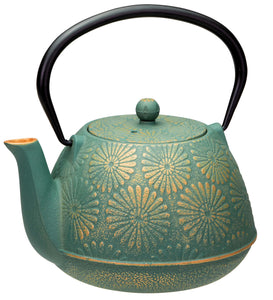 Avanti Cast Iron Teapot "Daisy" Teal/Gold Bonus Stand & Cups